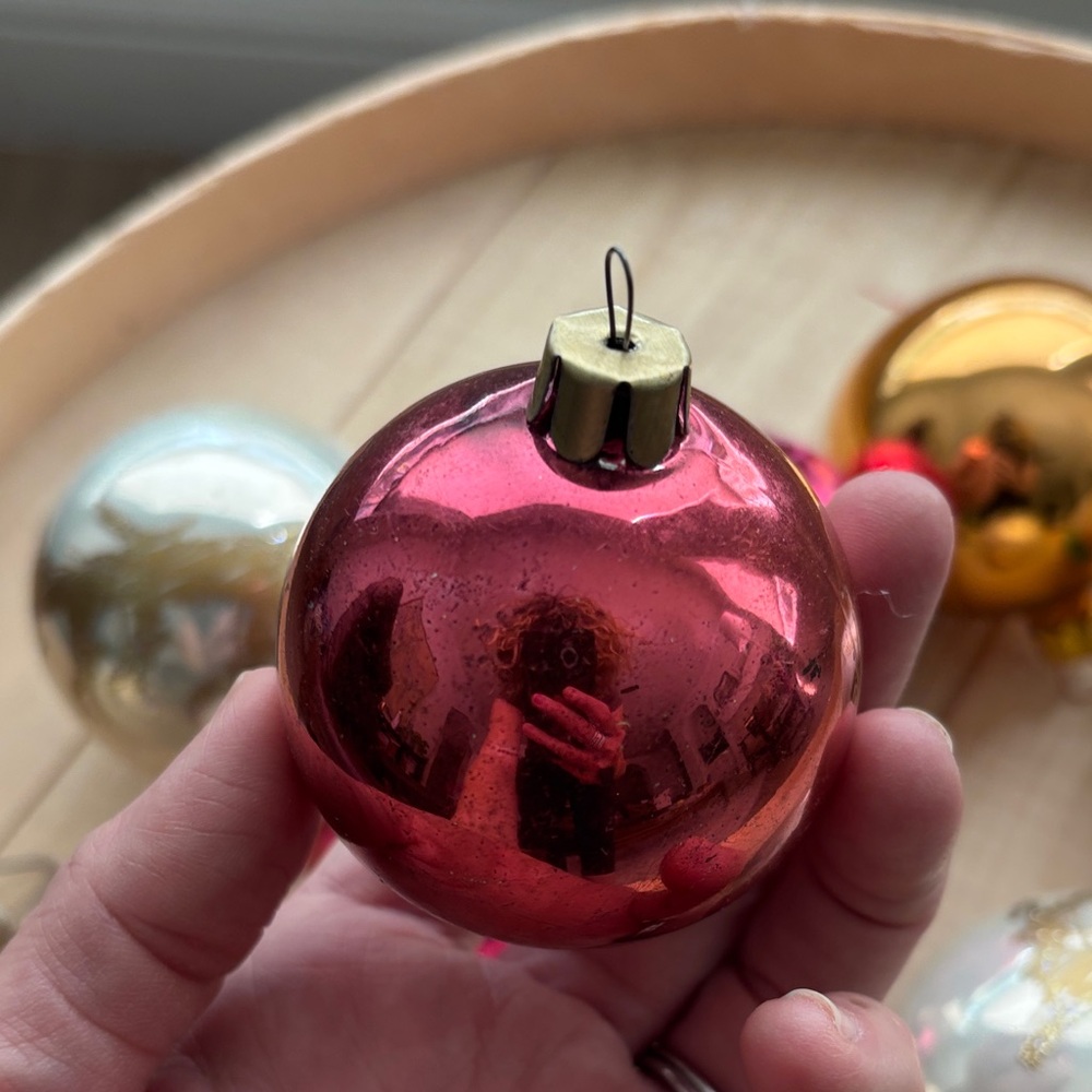 Vintage Holiday Glass Ball Ornament Set - Gold, Pink, Green, Silver Metal Caps - Picture 5 of 12